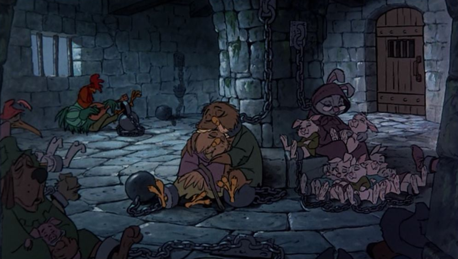 A frame from Disney's Robin Hood in which Nottingham's citizens are impoverished